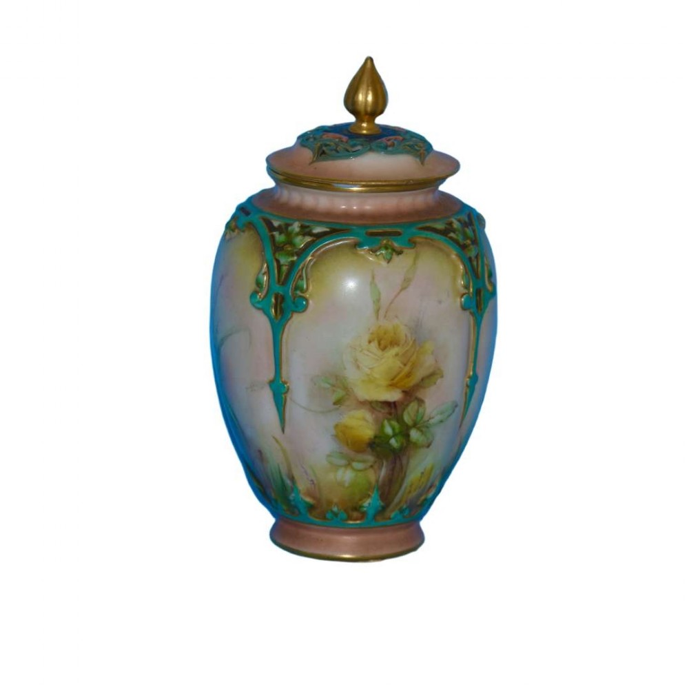 late 19th century hadley worcester vase cover painted with yellow roses